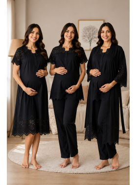 Effortt 9026 Siyah KETEN  Fisto Detaylı Lohusa Hamile 4lü Set